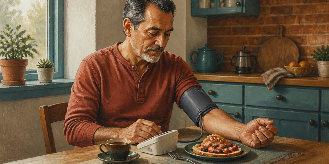 Hombre adulto mide su tensión arterial con un tensiómetro en la mesa de la cocina, junto a una taza de café y un plato de comida.