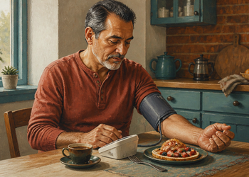Hombre adulto mide su tensión arterial con un tensiómetro en la mesa de la cocina, junto a una taza de café y un plato de comida.