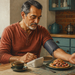 Hombre adulto mide su tensión arterial con un tensiómetro en la mesa de la cocina, junto a una taza de café y un plato de comida.