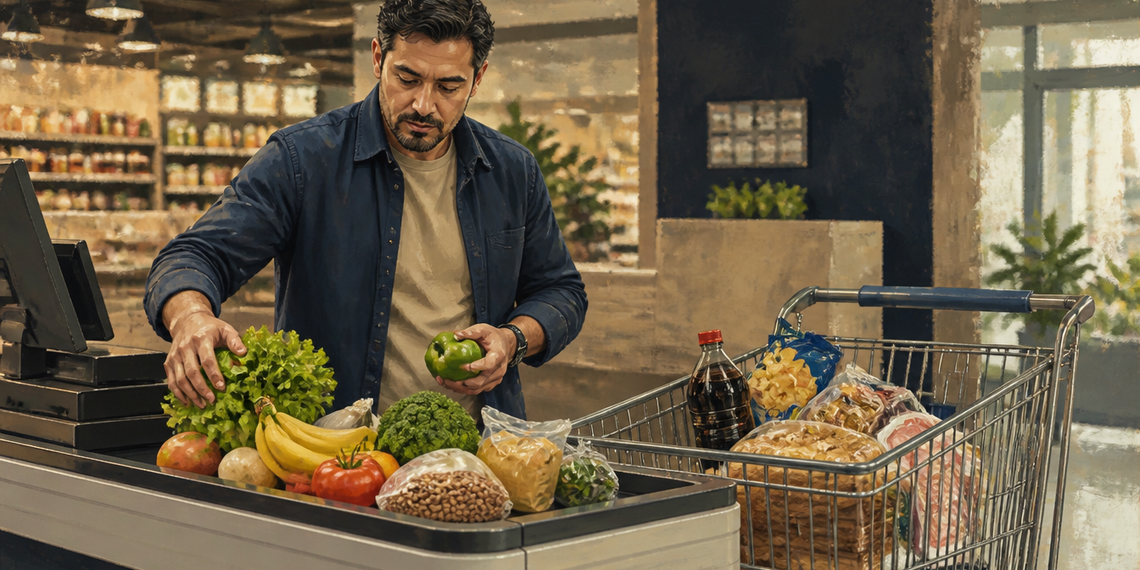 Hombre en un supermercado comparando alimentos frescos en la caja mientras un carrito contiene varios productos envasados y ultraprocesados.