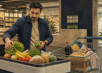 Hombre en un supermercado comparando alimentos frescos en la caja mientras un carrito contiene varios productos envasados y ultraprocesados.