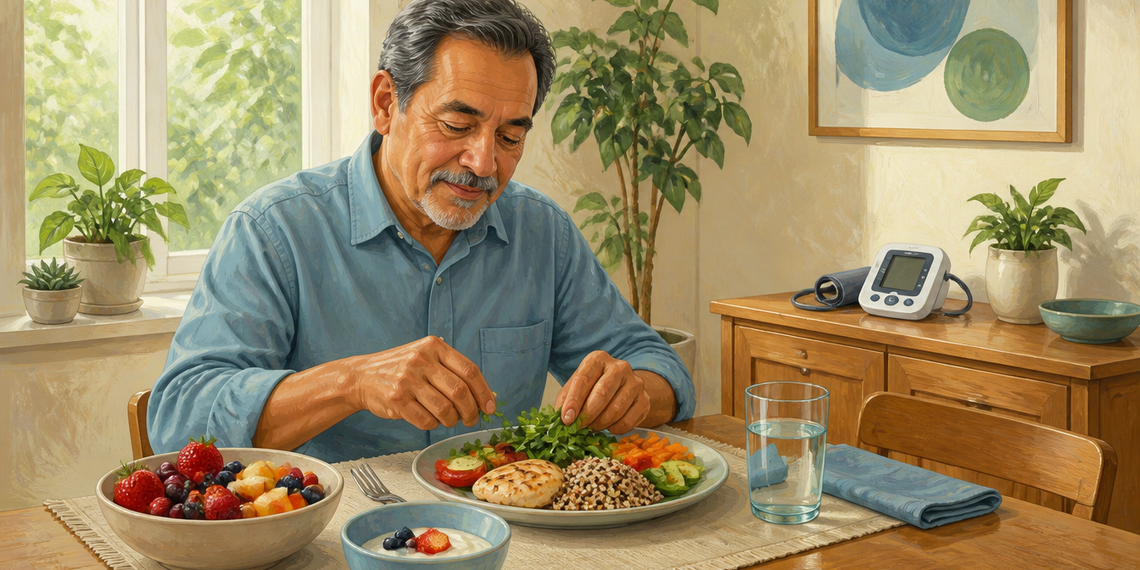 Hombre adulto mayor prepara un plato con verduras, quinoa y pollo en una mesa, junto a fruta, yogur, agua y un tensiómetro al fondo.
