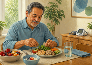 Hombre adulto mayor prepara un plato con verduras, quinoa y pollo en una mesa, junto a fruta, yogur, agua y un tensiómetro al fondo.