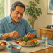 Hombre adulto mayor prepara un plato con verduras, quinoa y pollo en una mesa, junto a fruta, yogur, agua y un tensiómetro al fondo.