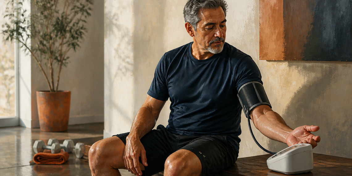 Hombre adulto sentado después de hacer ejercicio mientras se mide la presión arterial con un tensiómetro automático, junto a unas mancuernas.