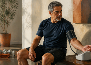 Hombre adulto sentado después de hacer ejercicio mientras se mide la presión arterial con un tensiómetro automático, junto a unas mancuernas.