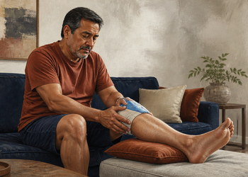 Hombre adulto sentado en un sofá con la pierna elevada, sosteniendo una compresa fría sobre la rodilla mientras descansa en casa.
