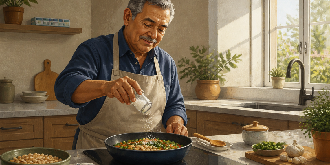 Hombre mayor cocinando verduras y legumbres en una sartén mientras añade sal desde un salero en una cocina luminosa.