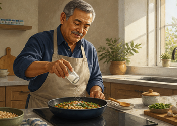 Hombre mayor cocinando verduras y legumbres en una sartén mientras añade sal desde un salero en una cocina luminosa.