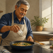 Hombre mayor cocinando verduras y legumbres en una sartén mientras añade sal desde un salero en una cocina luminosa.