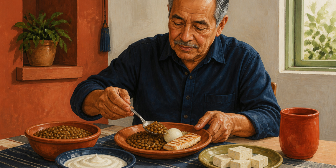 Hombre adulto mayor come un plato con lentejas, huevo y pescado, acompañado de yogur y queso sobre la mesa.