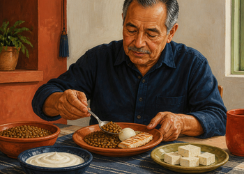 Hombre adulto mayor come un plato con lentejas, huevo y pescado, acompañado de yogur y queso sobre la mesa.