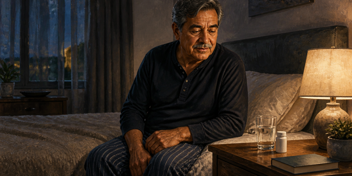 Hombre mayor sentado en la cama por la noche junto a un vaso de agua y un frasco de comprimidos sobre la mesita.