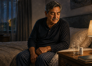 Hombre mayor sentado en la cama por la noche junto a un vaso de agua y un frasco de comprimidos sobre la mesita.