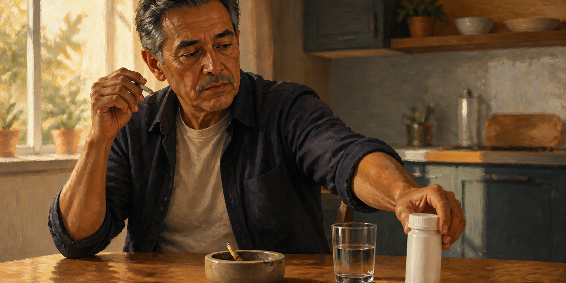 Hombre mayor fumando junto a un cenicero, un vaso de agua y un frasco de suplementos sobre la mesa.