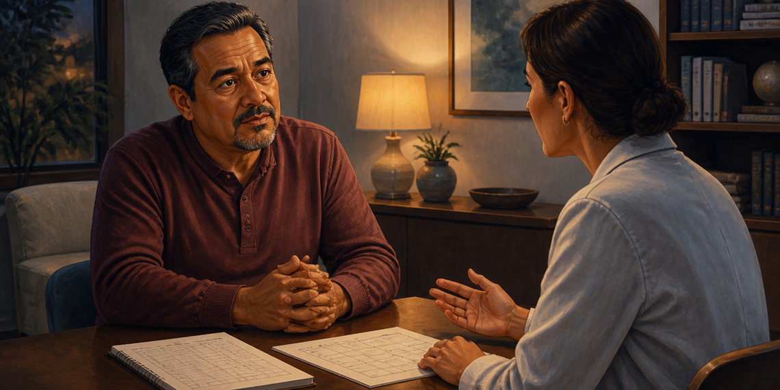 Hombre conversando con una profesional en consulta mientras revisan hojas de seguimiento sobre una mesa en un ambiente tranquilo.