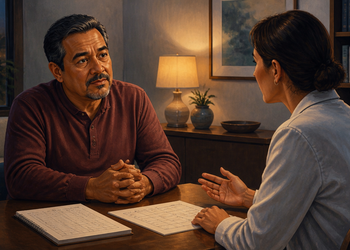 Hombre conversando con una profesional en consulta mientras revisan hojas de seguimiento sobre una mesa en un ambiente tranquilo.