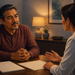 Hombre conversando con una profesional en consulta mientras revisan hojas de seguimiento sobre una mesa en un ambiente tranquilo.