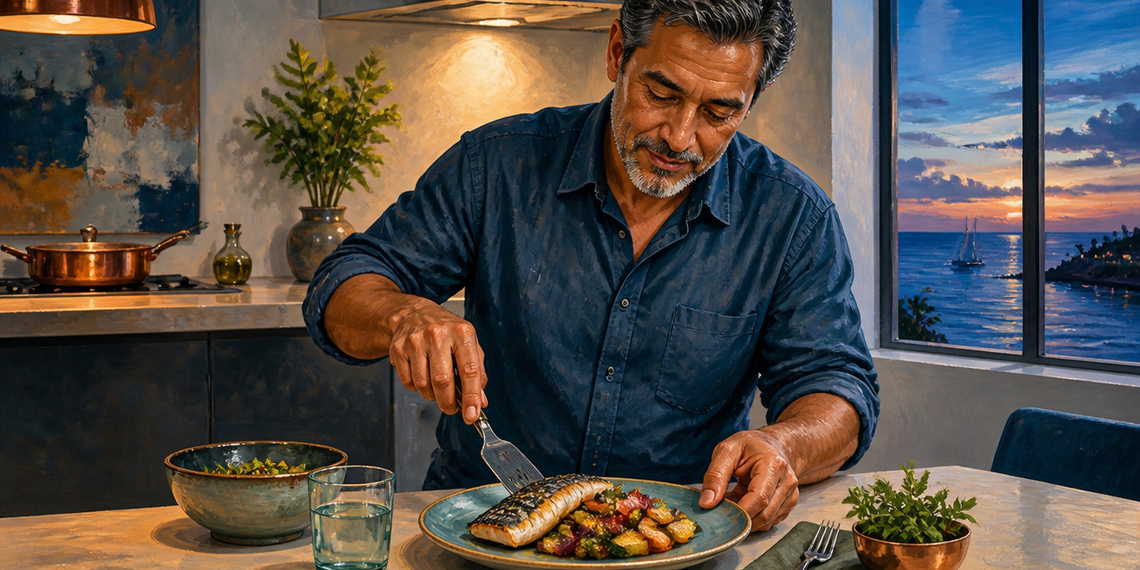 Hombre adulto sirve un plato con pescado azul y verduras en una cocina, junto a un vaso de agua y una ensalada.