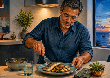Hombre adulto sirve un plato con pescado azul y verduras en una cocina, junto a un vaso de agua y una ensalada.