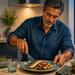 Hombre adulto sirve un plato con pescado azul y verduras en una cocina, junto a un vaso de agua y una ensalada.