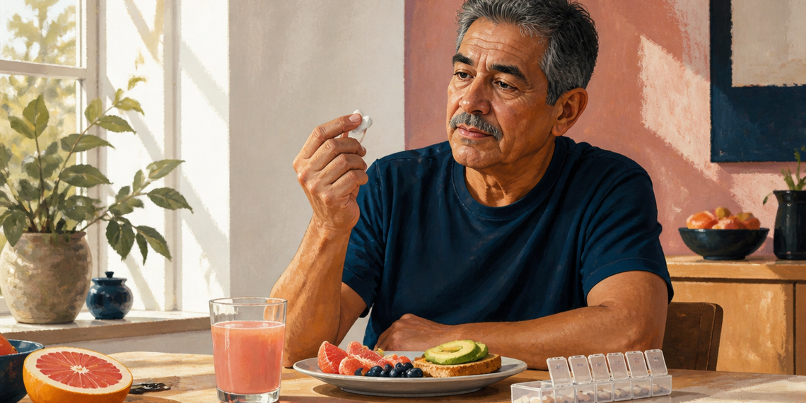 Hombre mayor sosteniendo un comprimido junto a un vaso de zumo de pomelo, medio pomelo y un pastillero sobre la mesa.
