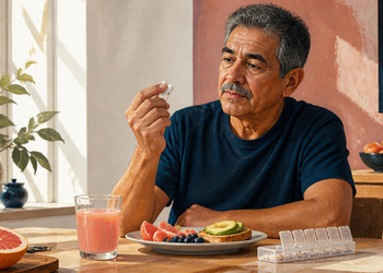 Hombre mayor sosteniendo un comprimido junto a un vaso de zumo de pomelo, medio pomelo y un pastillero sobre la mesa.