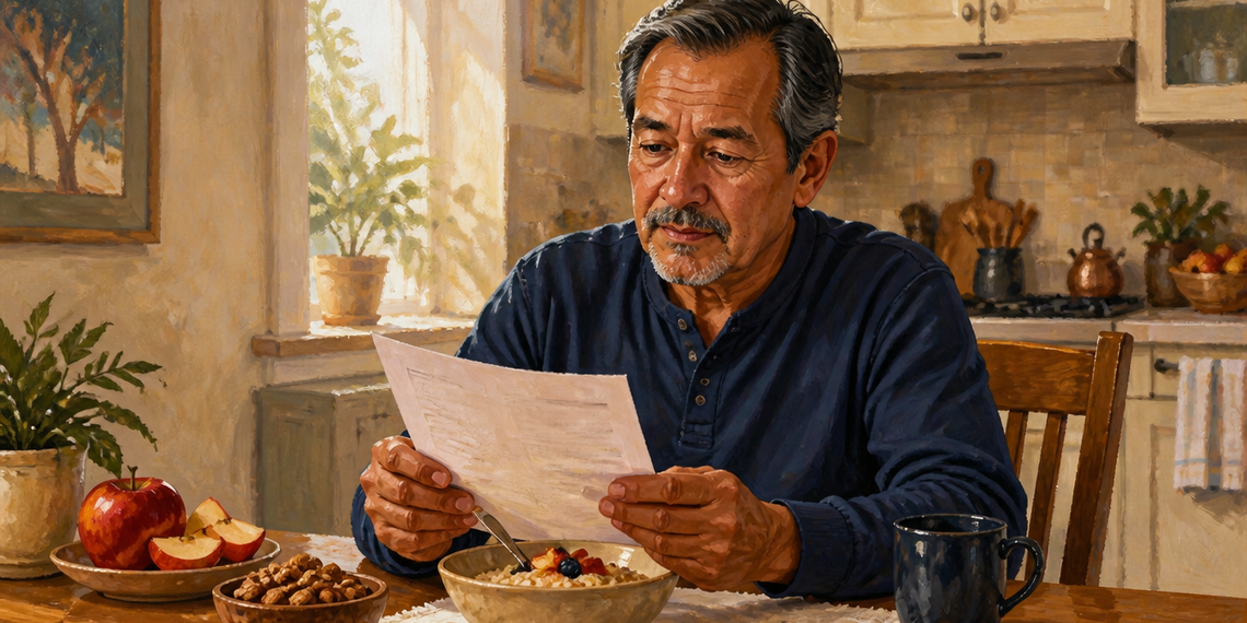 Hombre adulto sentado a la mesa revisa una hoja mientras desayuna avena con fruta y frutos secos, en una escena relacionada con cambios de alimentación para reducir el colesterol.
