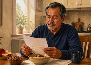 Hombre adulto sentado a la mesa revisa una hoja mientras desayuna avena con fruta y frutos secos, en una escena relacionada con cambios de alimentación para reducir el colesterol.