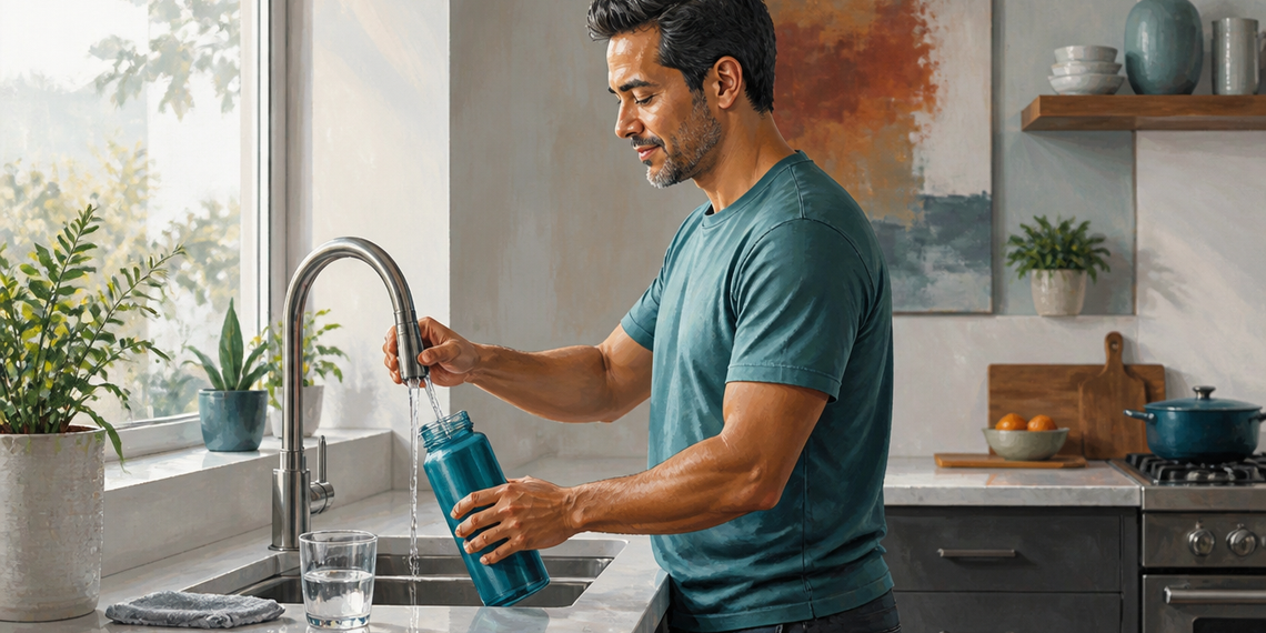 Hombre adulto llena una botella reutilizable con agua del grifo en la cocina, junto a un vaso de agua sobre la encimera.
