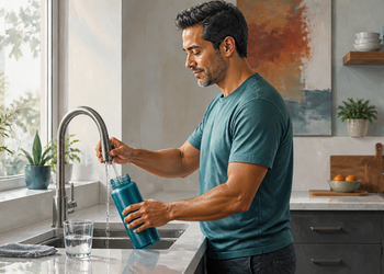 Hombre adulto llena una botella reutilizable con agua del grifo en la cocina, junto a un vaso de agua sobre la encimera.