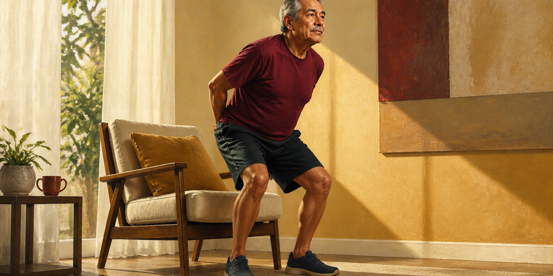 Hombre mayor realizando una sentadilla frente a un sillón en casa, con las rodillas flexionadas y las manos colocadas detrás de la espalda.