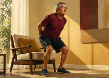 Hombre mayor realizando una sentadilla frente a un sillón en casa, con las rodillas flexionadas y las manos colocadas detrás de la espalda.