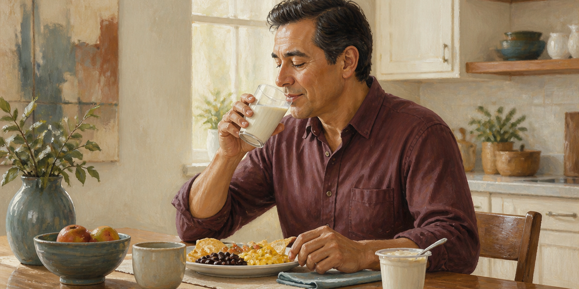 Hombre de mediana edad bebiendo un vaso de leche durante el desayuno, con un plato de comida y un recipiente de yogur sobre la mesa.