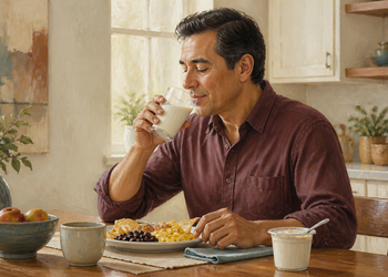 Hombre de mediana edad bebiendo un vaso de leche durante el desayuno, con un plato de comida y un recipiente de yogur sobre la mesa.