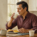 Hombre de mediana edad bebiendo un vaso de leche durante el desayuno, con un plato de comida y un recipiente de yogur sobre la mesa.