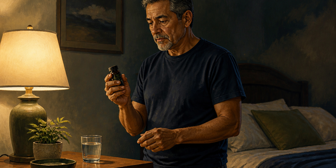 Hombre adulto de pie junto a la cama por la noche, sosteniendo un pequeño frasco en la mano cerca de un vaso de agua y una lámpara encendida.