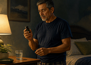 Hombre adulto de pie junto a la cama por la noche, sosteniendo un pequeño frasco en la mano cerca de un vaso de agua y una lámpara encendida.
