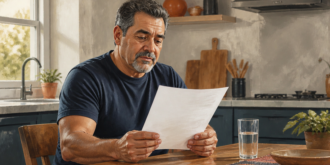 Hombre adulto de cabello canoso sentado en una cocina leyendo un documento, con un vaso de agua sobre la mesa.