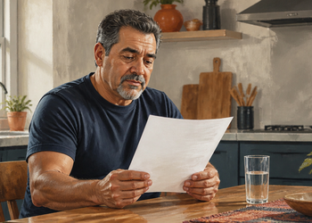 Hombre adulto de cabello canoso sentado en una cocina leyendo un documento, con un vaso de agua sobre la mesa.