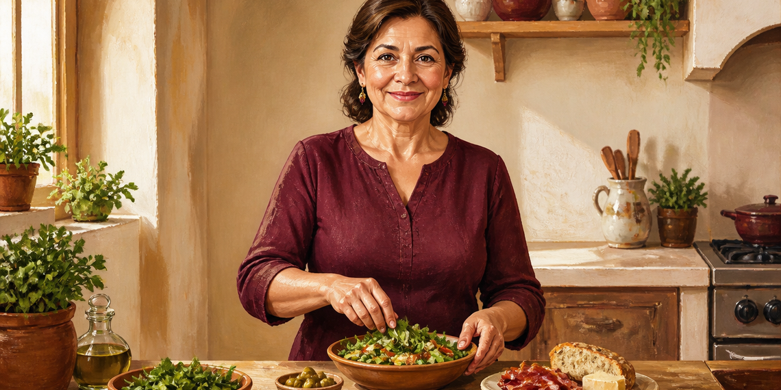 Mujer adulta preparando una ensalada en una cocina, junto a pan, queso, embutido, aceitunas y aceite de oliva sobre la mesa.