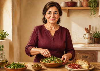 Mujer adulta preparando una ensalada en una cocina, junto a pan, queso, embutido, aceitunas y aceite de oliva sobre la mesa.