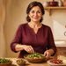 Mujer adulta preparando una ensalada en una cocina, junto a pan, queso, embutido, aceitunas y aceite de oliva sobre la mesa.