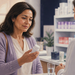 Mujer sosteniendo un frasco de suplemento mientras conversa con una profesional sanitaria en una farmacia.