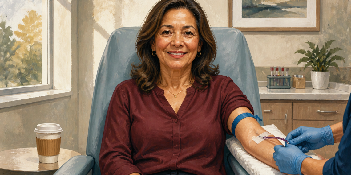 Mujer adulta sentada en una consulta durante una extracción de sangre, con un torniquete azul en el brazo y tubos de muestra visibles al fondo.