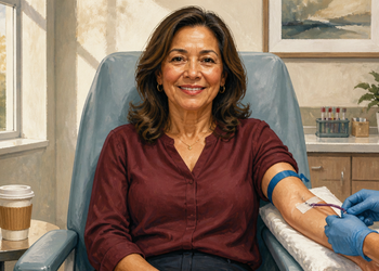 Mujer adulta sentada en una consulta durante una extracción de sangre, con un torniquete azul en el brazo y tubos de muestra visibles al fondo.
