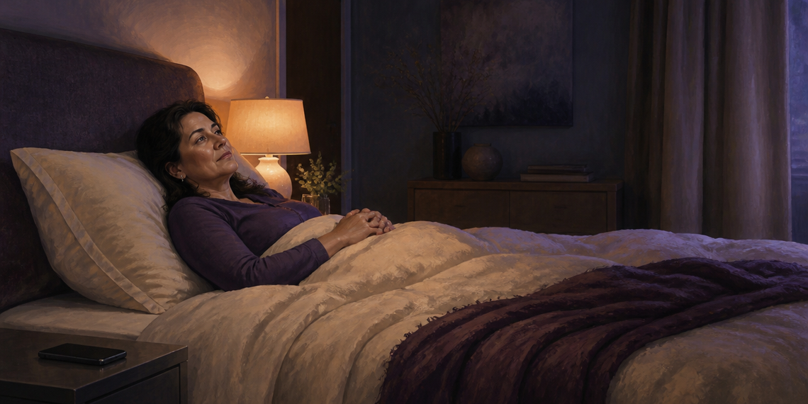 Mujer adulta despierta y acostada en la cama por la noche, con las manos sobre el abdomen y una lámpara encendida junto a ella.