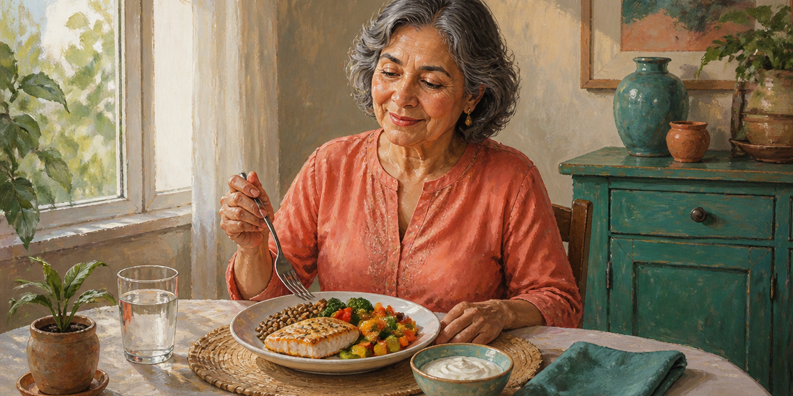 Mujer mayor sentada a la mesa comiendo un plato con pescado, lentejas y verduras, acompañado de agua y un cuenco de yogur.