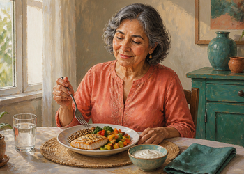 Mujer mayor sentada a la mesa comiendo un plato con pescado, lentejas y verduras, acompañado de agua y un cuenco de yogur.