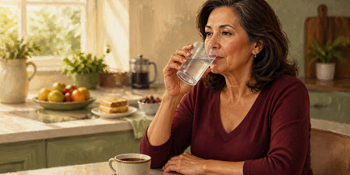 Mujer adulta sentada en una cocina bebiendo un vaso de agua, con una taza de café y alimentos visibles sobre la mesa y la encimera.